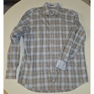 Bugatchi Men's Long Sleeve Shirt Blue Tan Brown Plaid XXL Flip Cuff -235